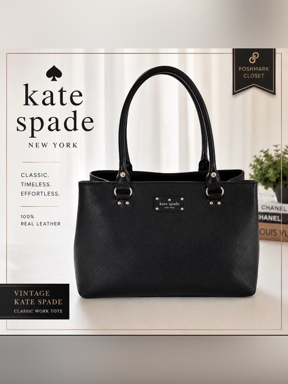 kate spade Black Leather Structured Tote with Gold Hardware
